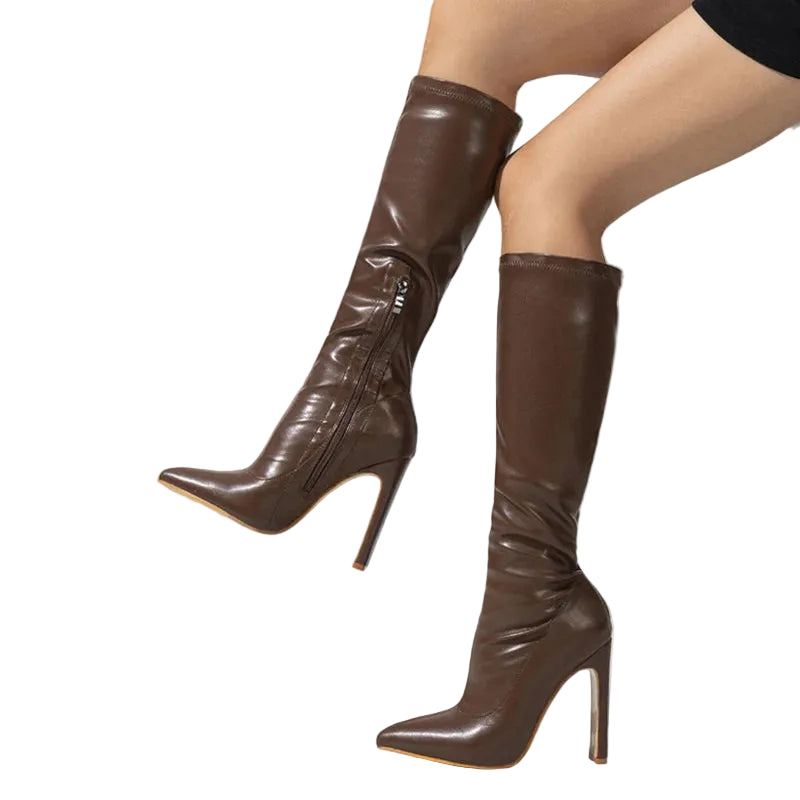 Damen Kniehohe Stiefel Spitz High Heels - Elegante Langschaftstiefel mit Reißverschluss
