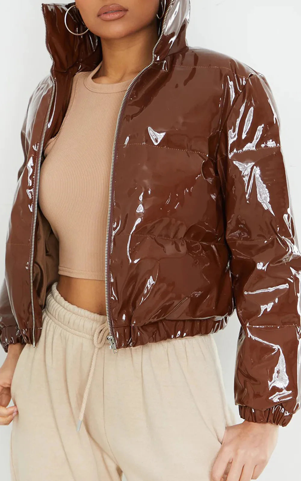 Women's Crop Puffer Jacket – Short Winter Jacket with Zipper, Cotton