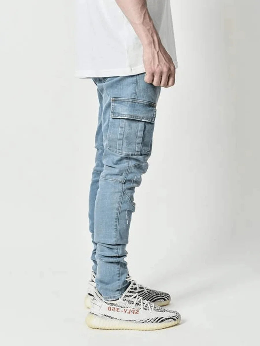 Herren Cargo Jeans Multi-Taschen – Casual Denim Hose mit Seitentaschen