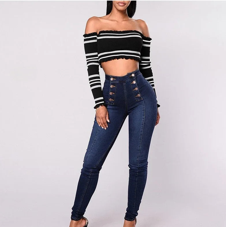 Damen Jeans High Waist Vintage – Denim Bleistifthose Knöchellang Streetwear