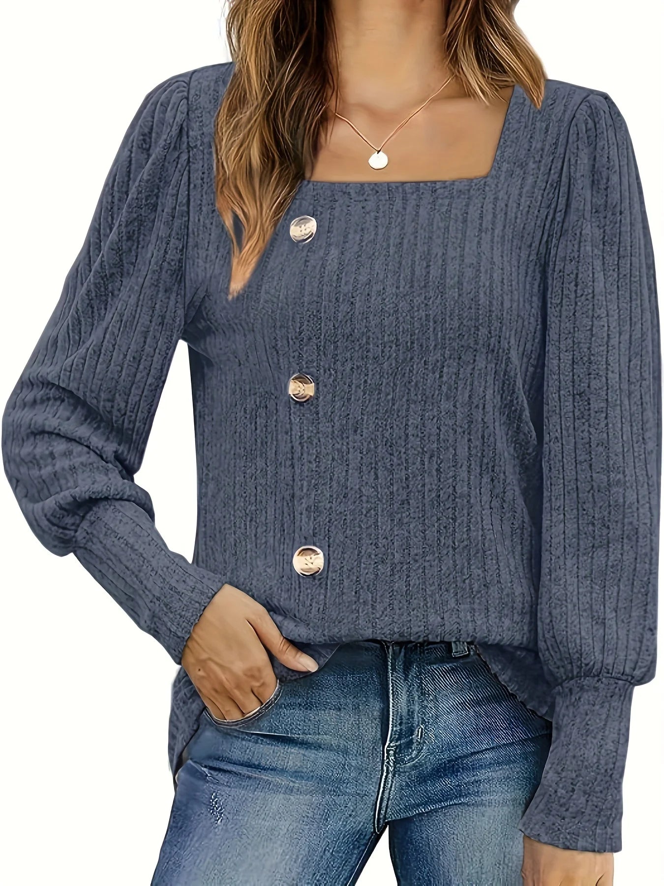 Damen Strickpullover Langarm Quadratischer Ausschnitt – Cardigan mit Knöpfen