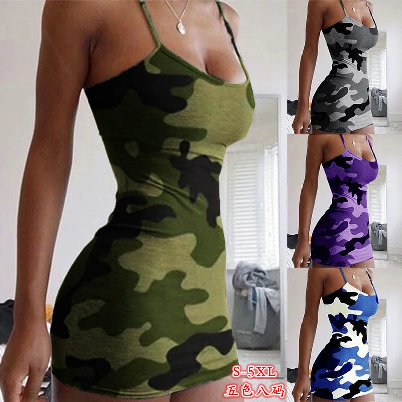 Damen Sommerkleid Mini Camouflage – Trägerkleid Ärmellos Sexy Slim Fit