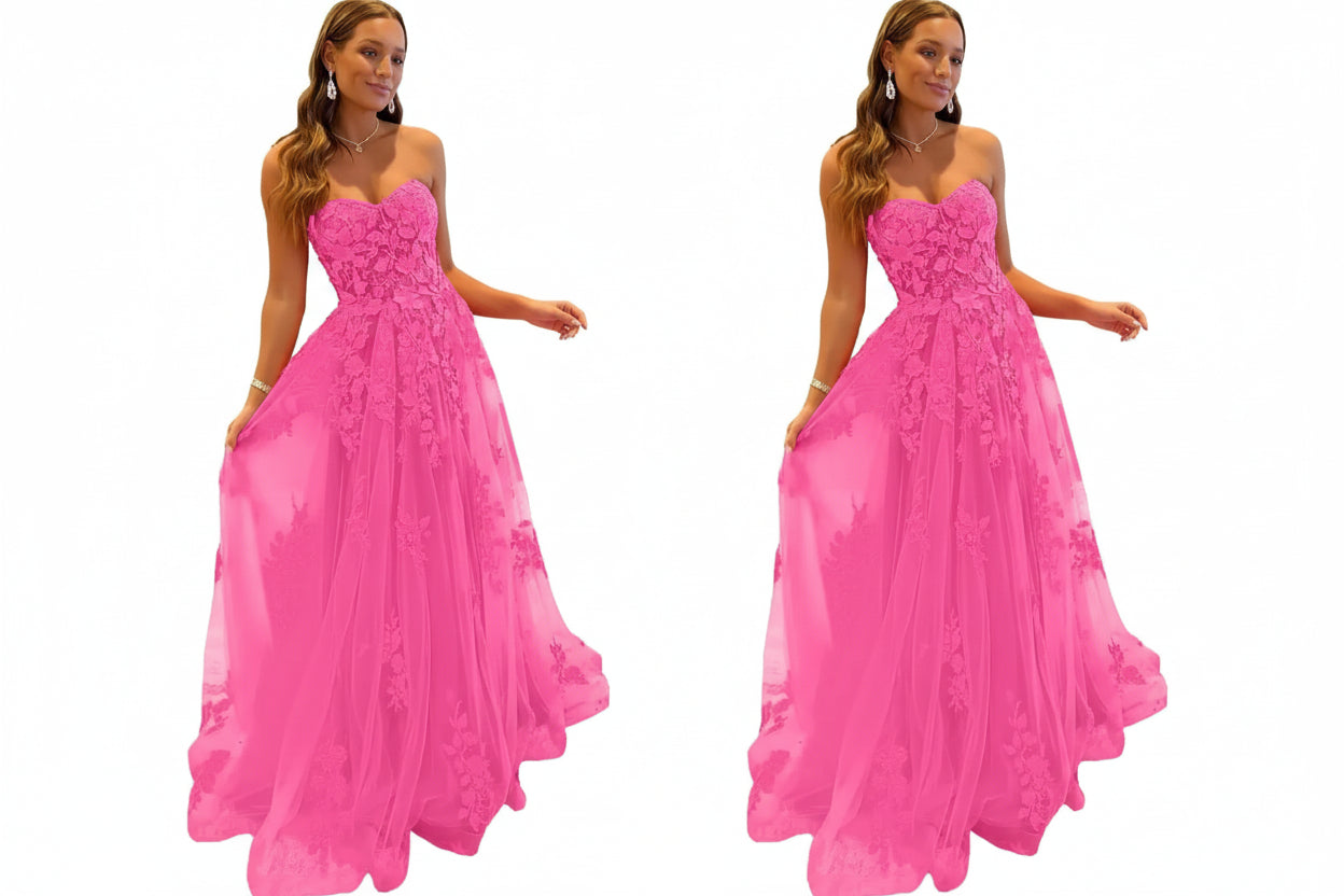 Damen Abendkleid Lang Spitze – Ballkleid A-Linie Tüll mit Schleppe