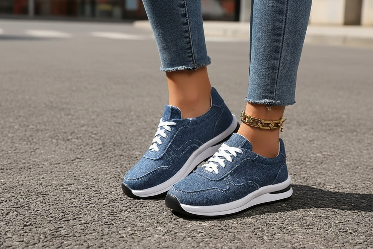 Damen Denim Plateau Sneakers - Lässige Schnür-Freizeitschuhe