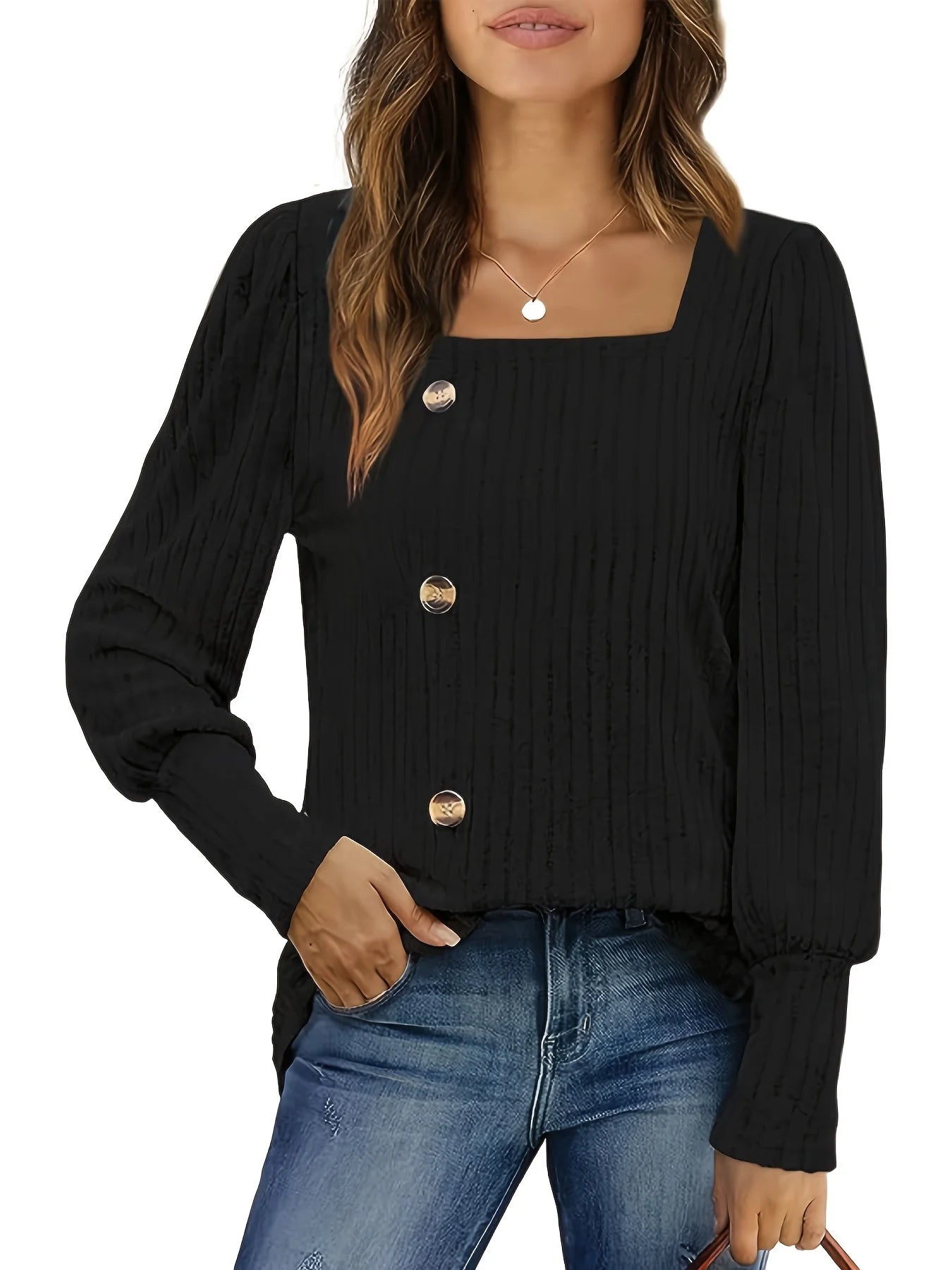 Damen Strickpullover Langarm Quadratischer Ausschnitt – Cardigan mit Knöpfen