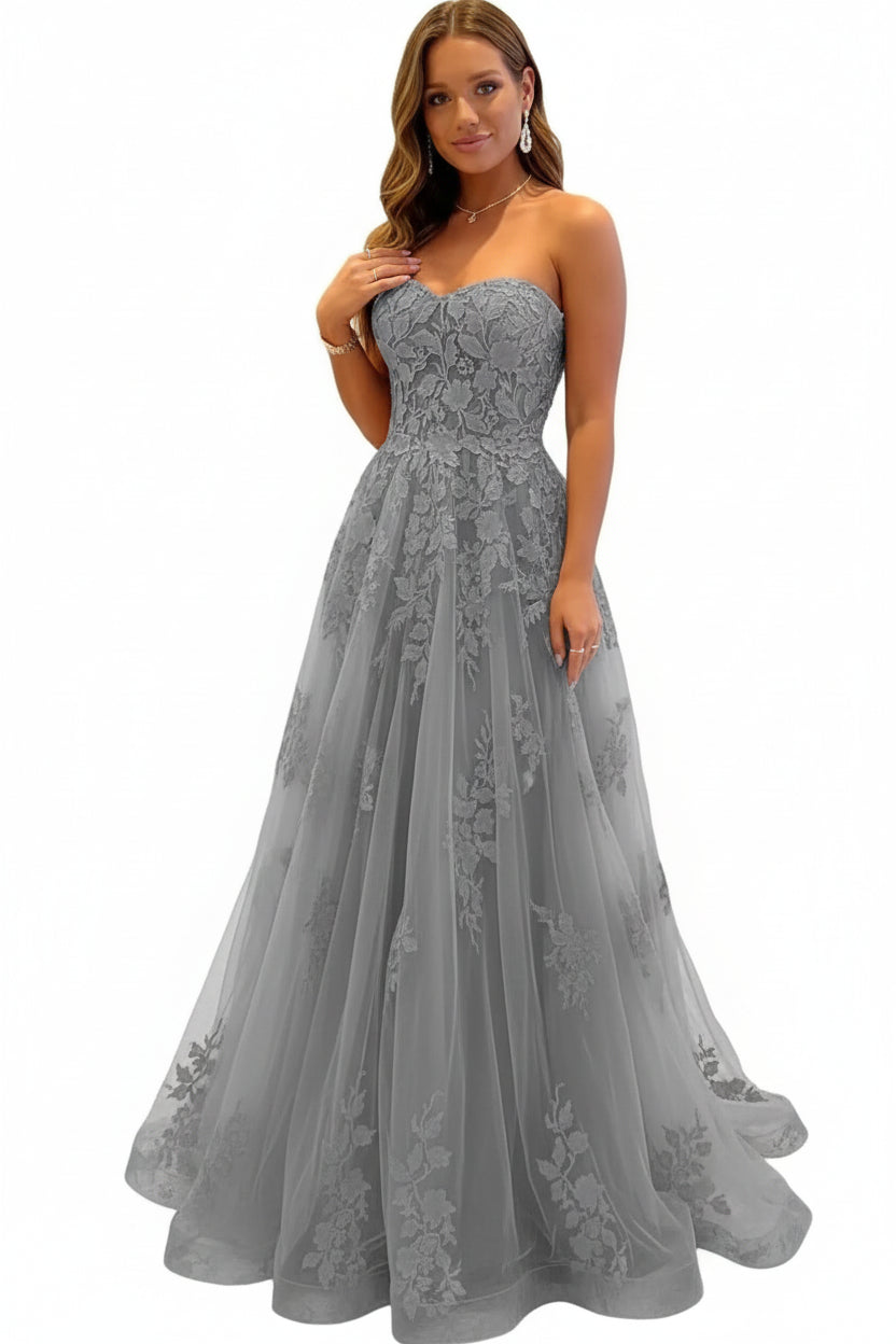 Damen Abendkleid Lang Spitze – Ballkleid A-Linie Tüll mit Schleppe