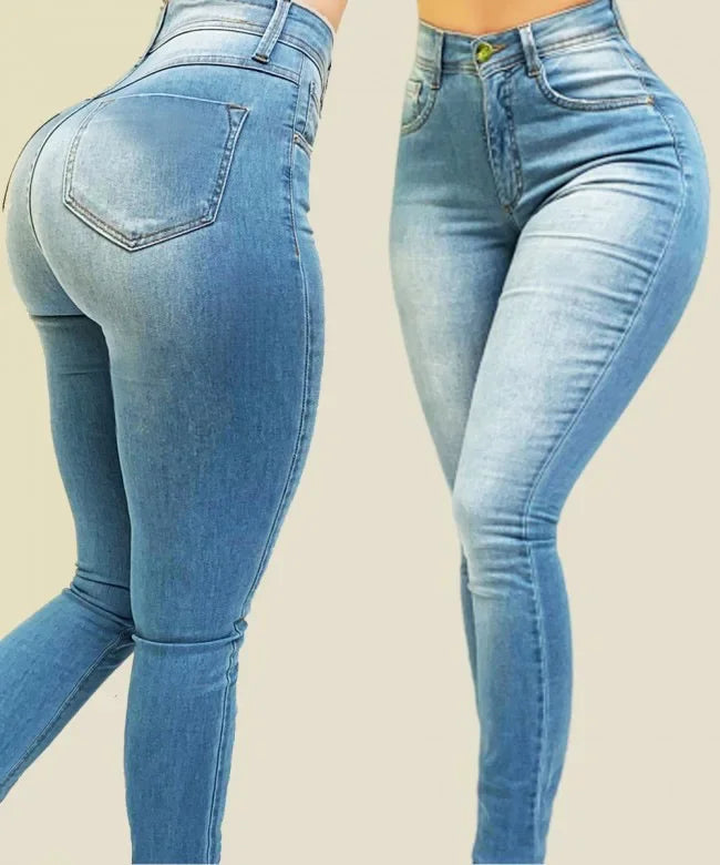Damen Jeans High Waist Hellblau – Figurformende Denim Hose Streetwear