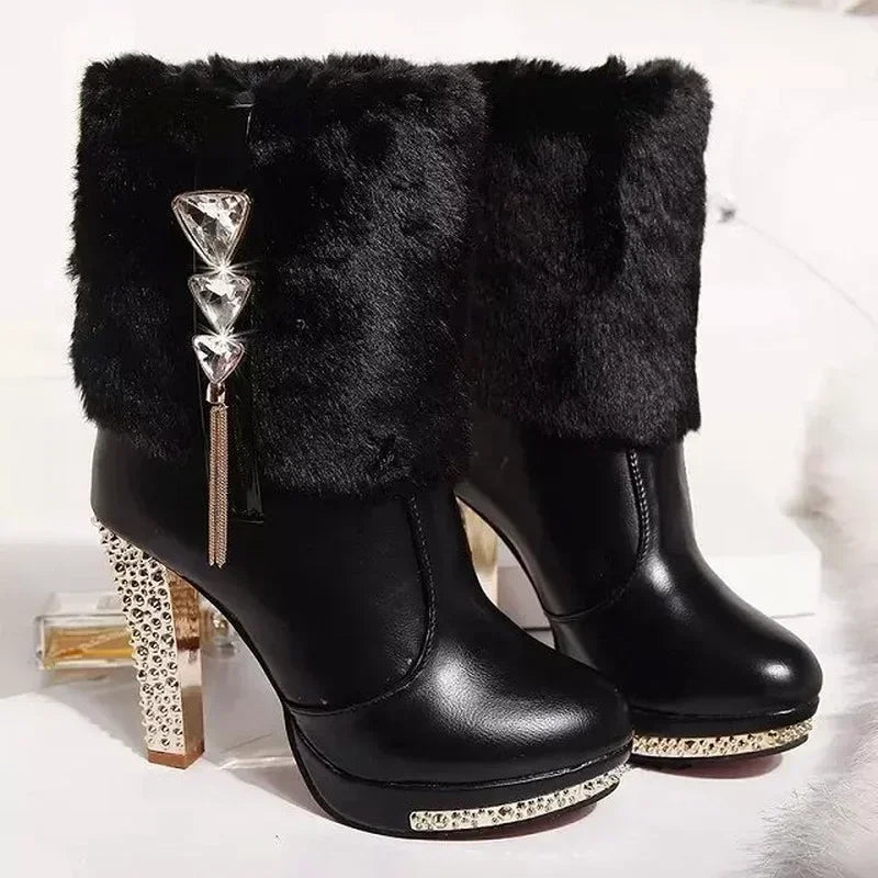 Damen Winter Plateau-Stiefeletten Wasserdicht - Strass High Heels Ankle Boots