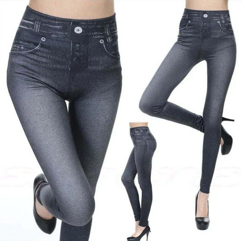 Damen Leggings Jeans-Optik – Stretch Jeggings mit Denim-Print