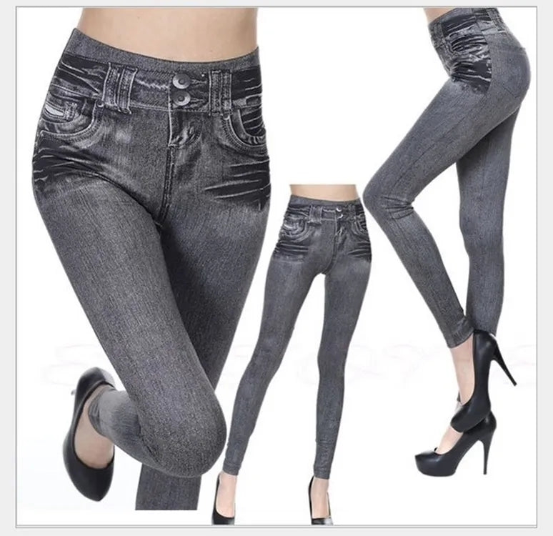 Damen Leggings Jeans-Optik – Stretch Jeggings mit Denim-Print