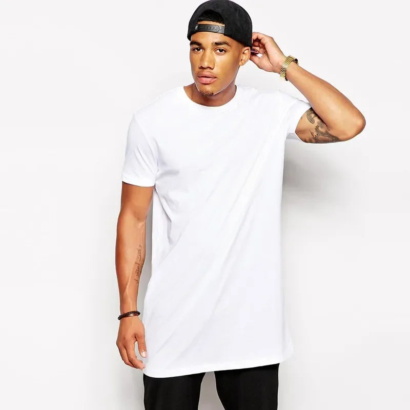 Men's Longline Cotton T-Shirt – Extra Long Hip Hop Streetwear