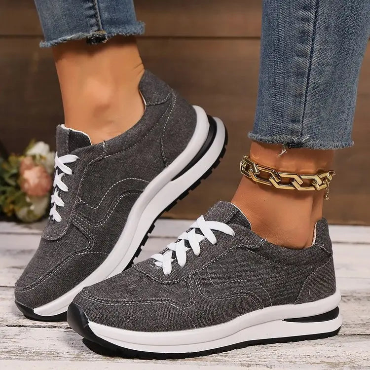 Damen Denim Plateau Sneakers - Lässige Schnür-Freizeitschuhe