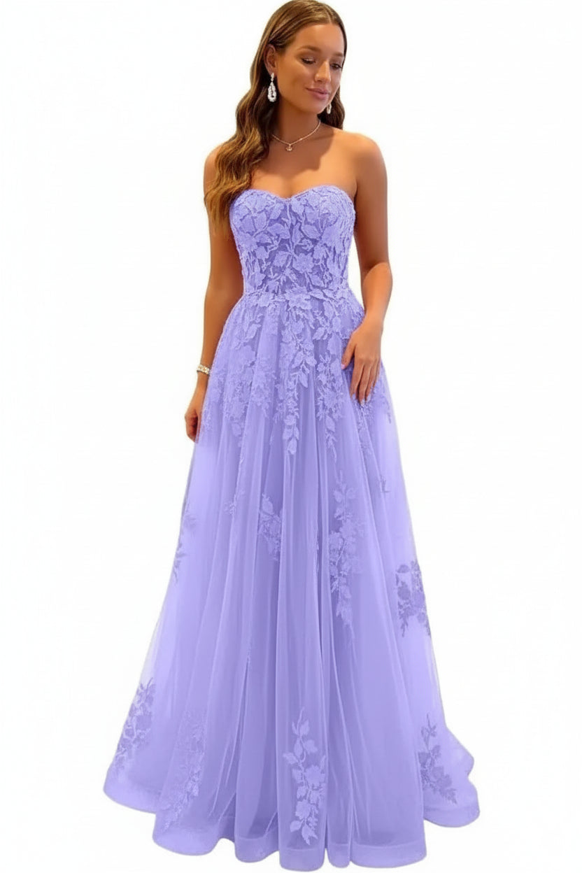 Damen Abendkleid Lang Spitze – Ballkleid A-Linie Tüll mit Schleppe