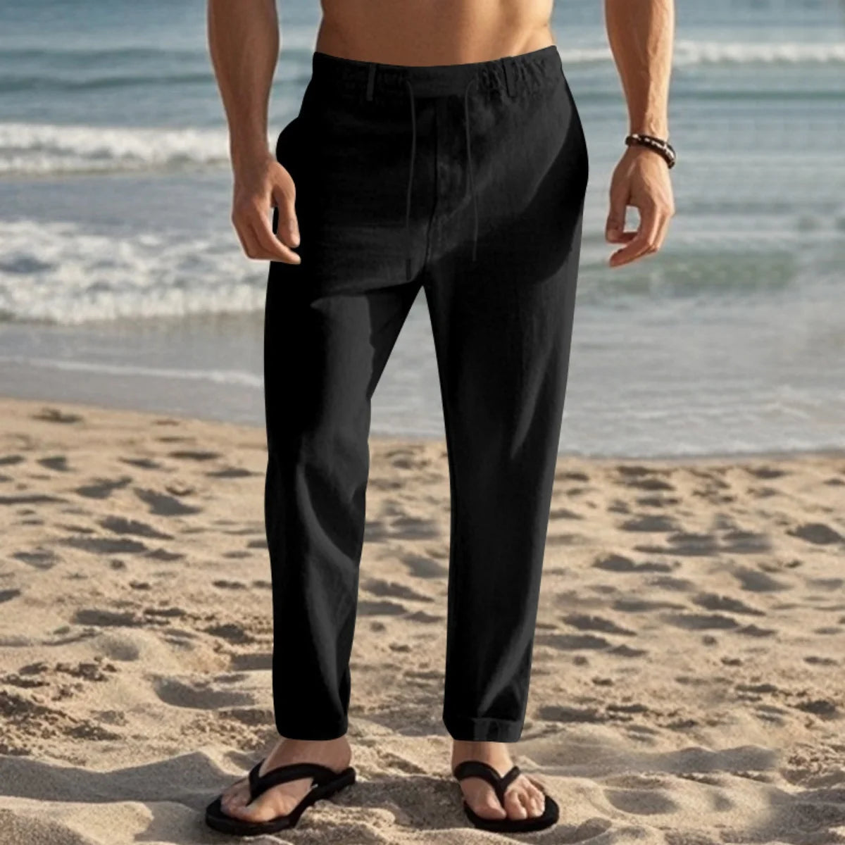 Herren Leinenhose Sommer Kordelzug – Leichte Strandhose Casual Freizeithose
