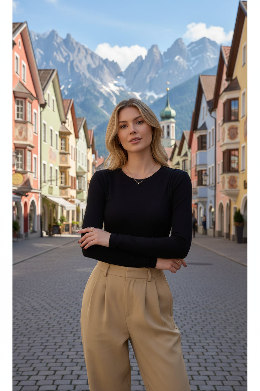 Damen Langarmshirt Gerafft O-Neck – Slim Fit T-Shirt Baumwolle Casual