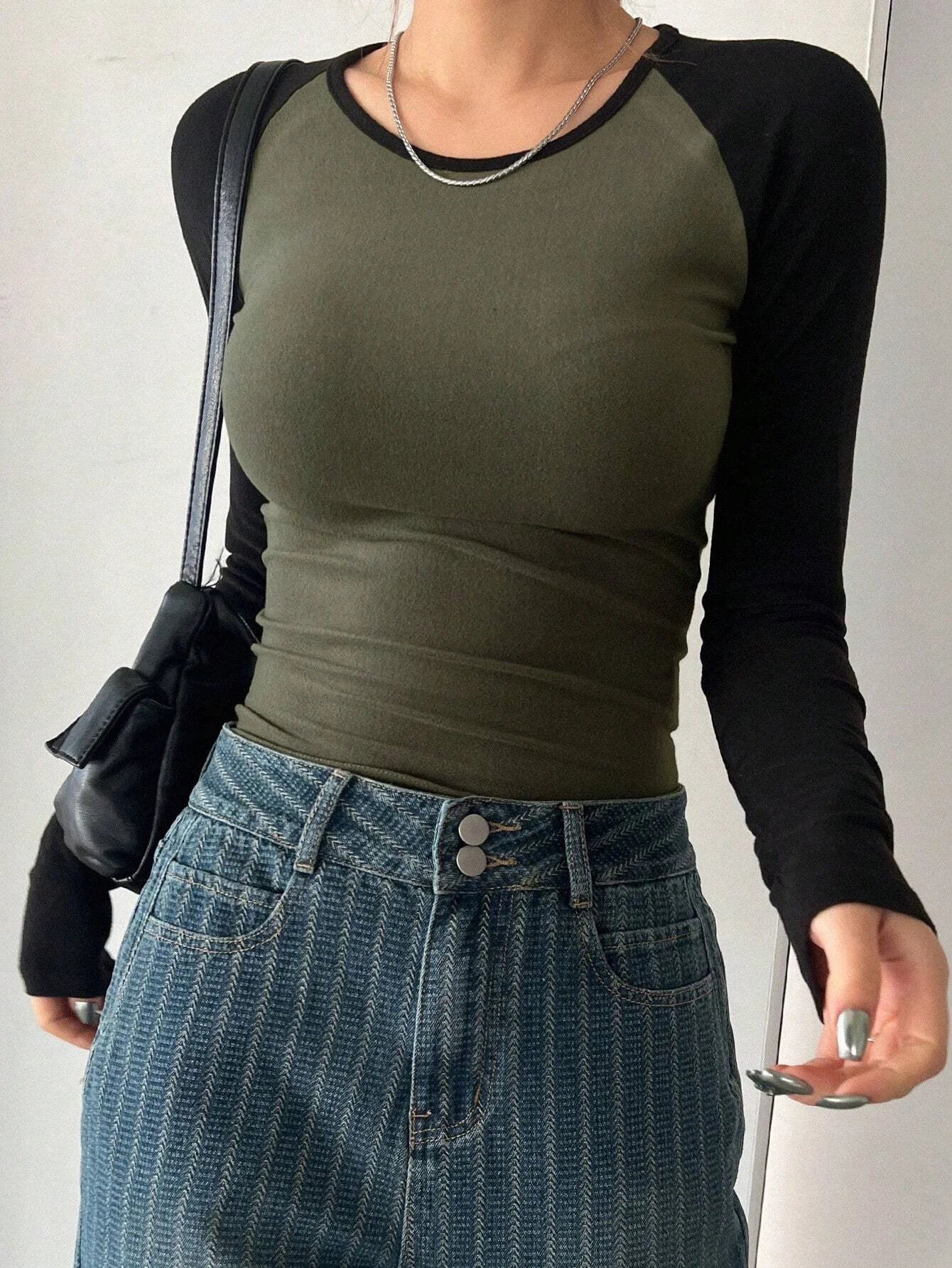 Damen Langarmshirt Farbblock Slim Fit – T-Shirt Rundhals Casual