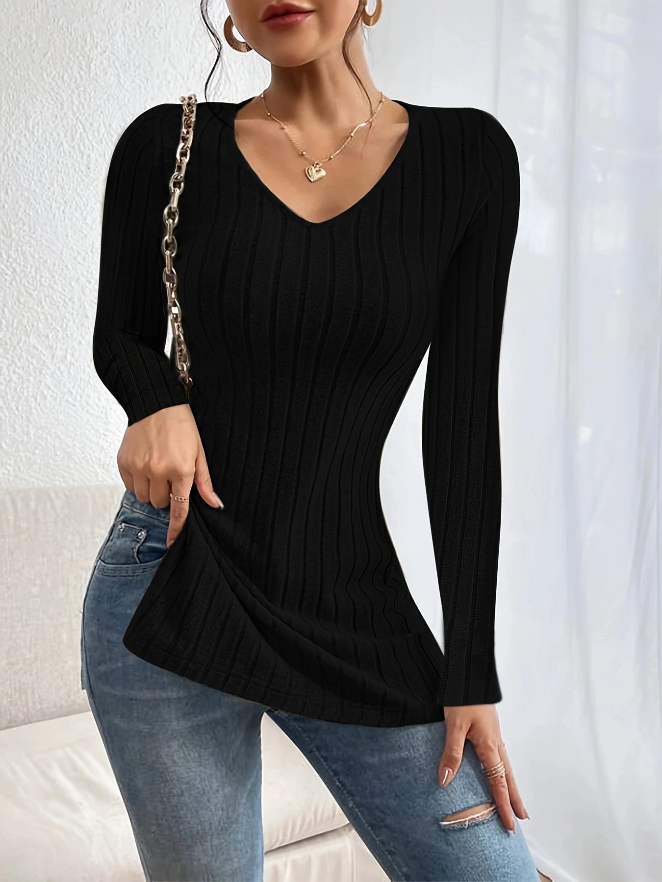 Damen Langarmshirt V-Ausschnitt – T-Shirt mit Seitenschlitzen Casual