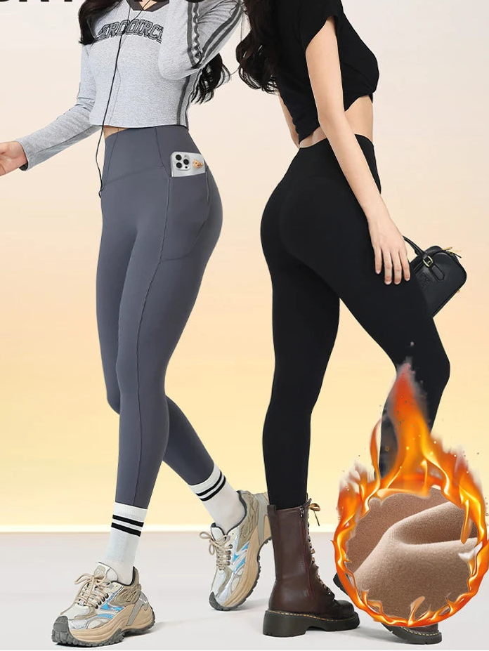 Damen Leggings Winter Fleece – Warme High Waist Sport Leggings mit Taschen