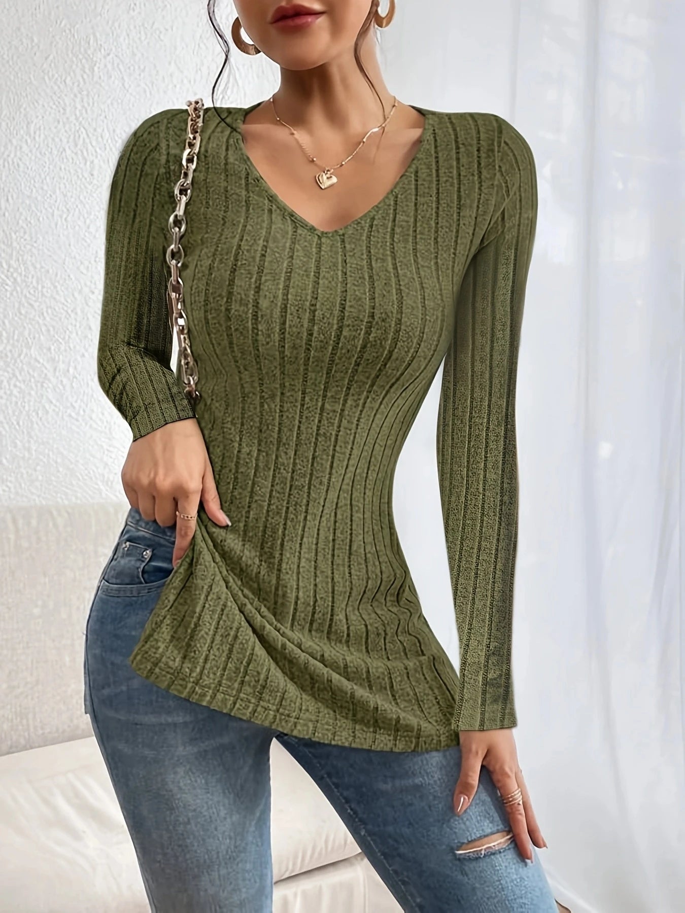 Damen Langarmshirt V-Ausschnitt – T-Shirt mit Seitenschlitzen Casual