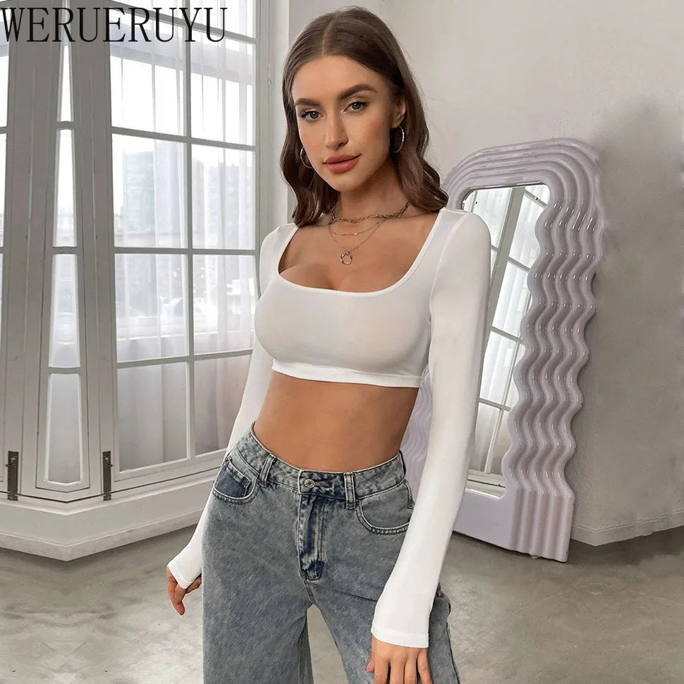 Damen Crop Top Langarm Korsett-Style – Sexy T-Shirt Elastisch Y2K