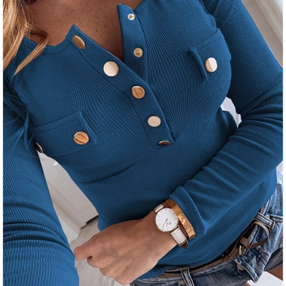 Damen Langarmshirt Strick Semi O-Neck – T-Shirt mit Knöpfen Casual