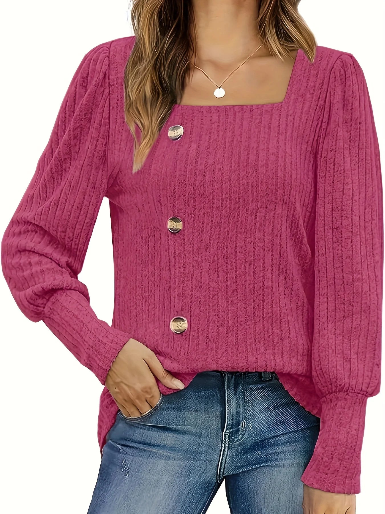 Damen Strickpullover Langarm Quadratischer Ausschnitt – Cardigan mit Knöpfen