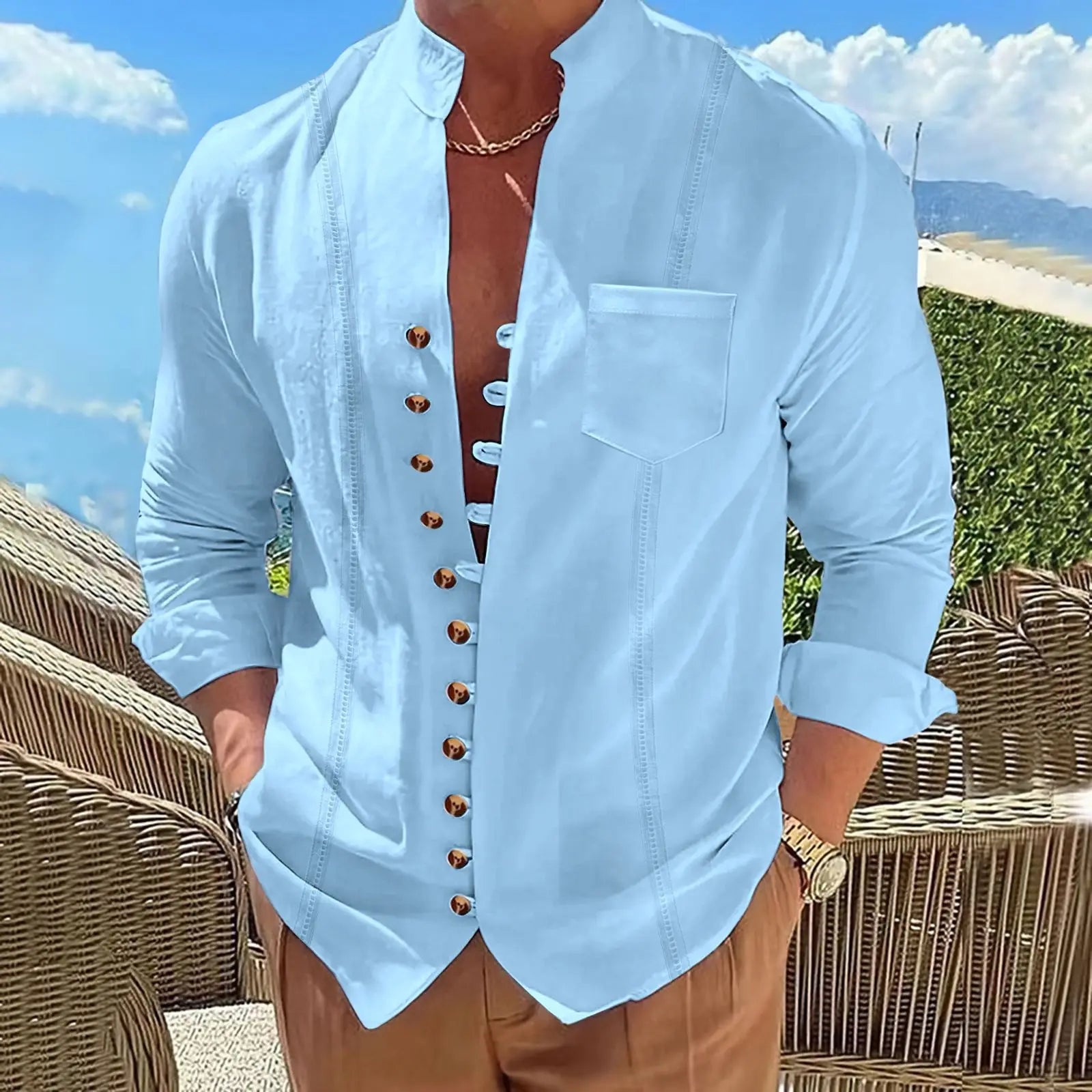 Herren Strickjacke Baumwolle Leinen – Retro Cardigan mit Stehkragen & Taschen