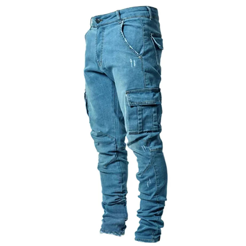 Herren Cargo Jeans Multi-Taschen – Casual Denim Hose mit Seitentaschen