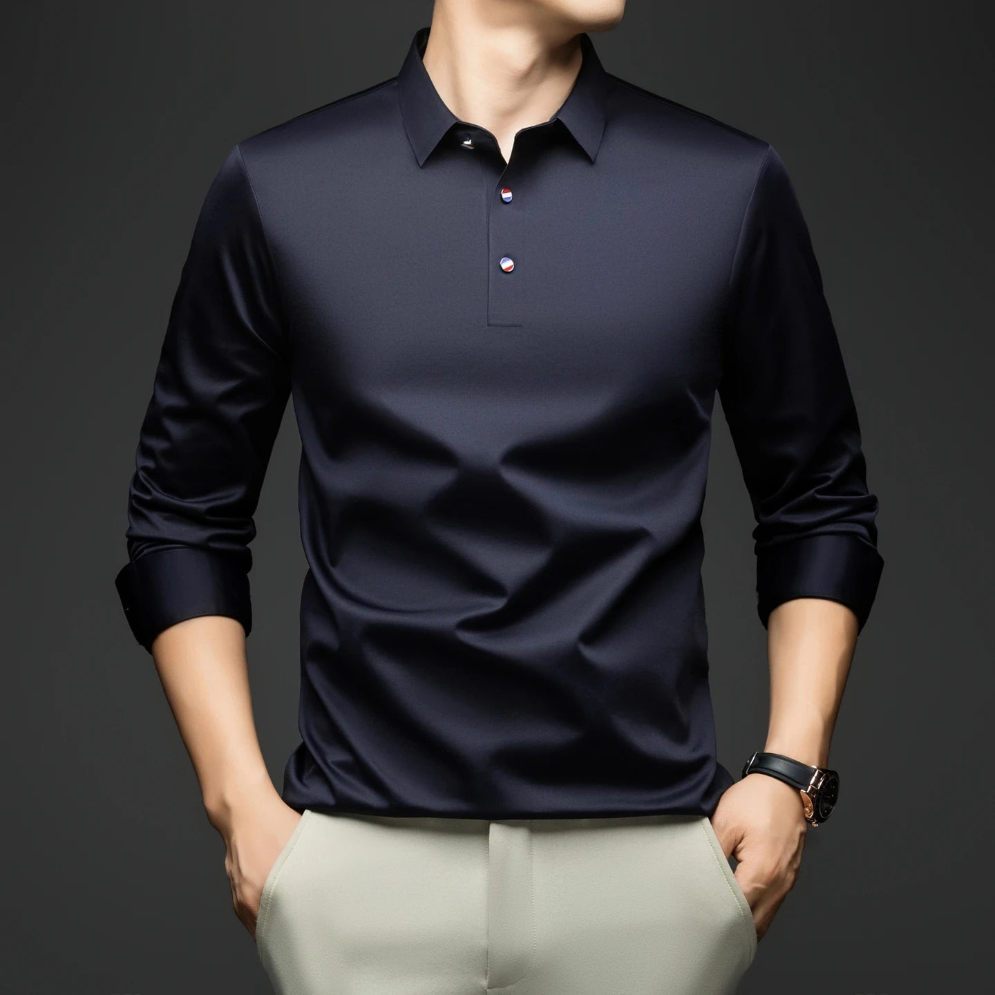 Herren Langarmshirt Business Casual – Elegantes Seiden-Shirt für Arbeit & Freizeit