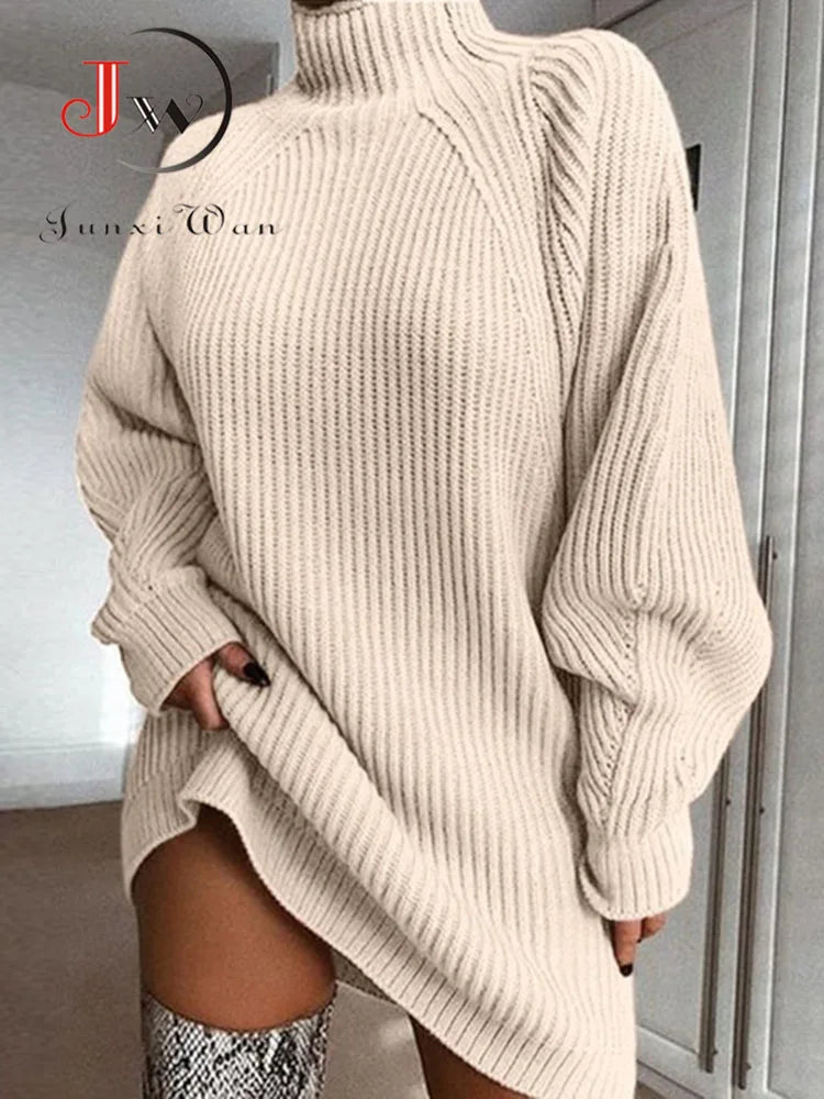 Damen Rollkragenpullover Kleid Langarm – Strickkleid Mini Casual Elegant