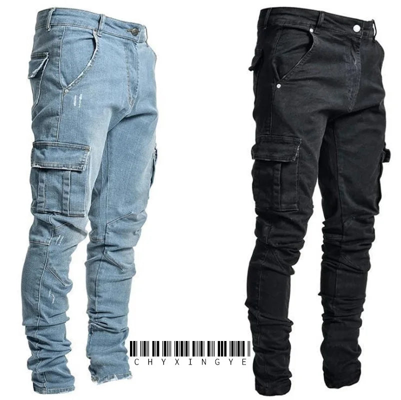 Herren Cargo Jeans Multi-Taschen – Casual Denim Hose mit Seitentaschen