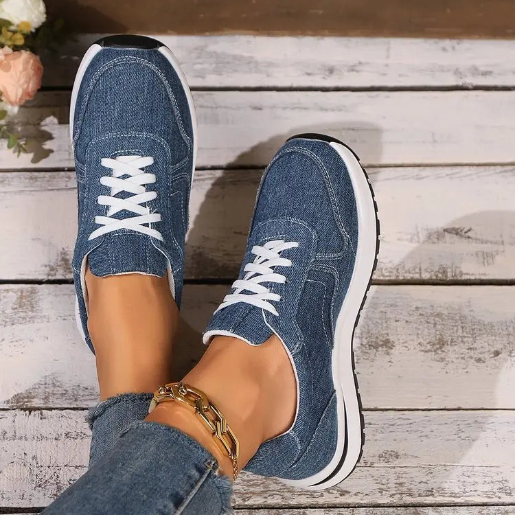 Damen Denim Plateau Sneakers - Lässige Schnür-Freizeitschuhe