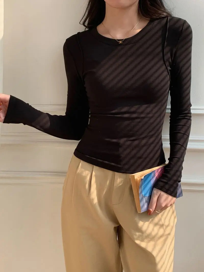 Women's Long Sleeve Gathered O-Neck T-Shirt – Slim Fit Cotton Casual