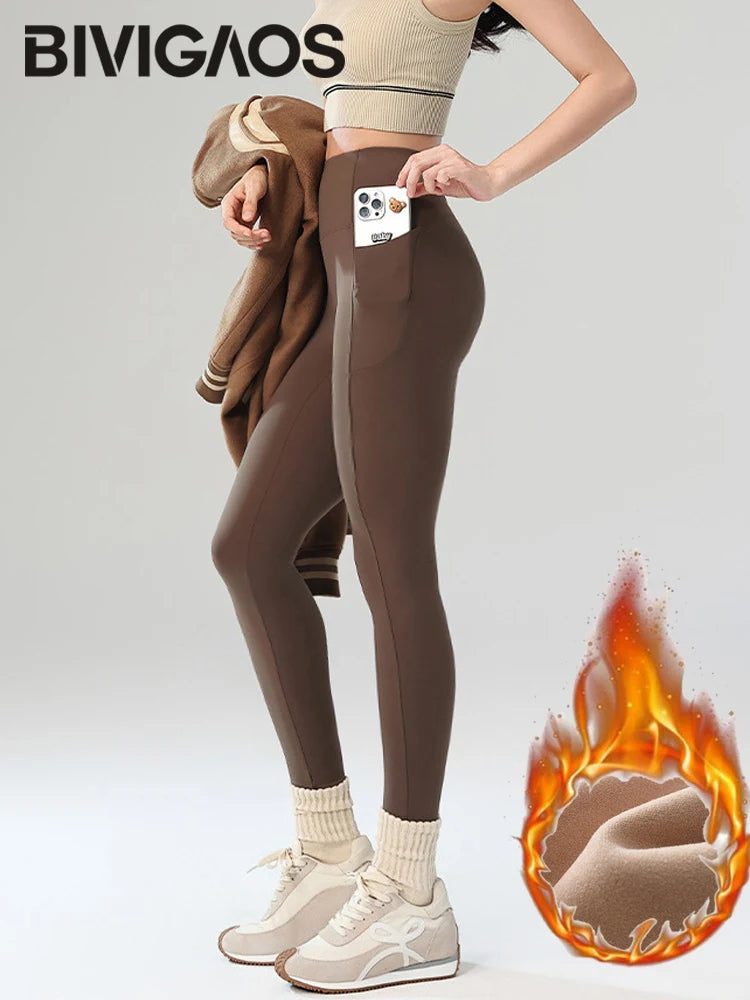Leggings polaires d'hiver pour femmes – Leggings de sport chauds à taille haute avec poches