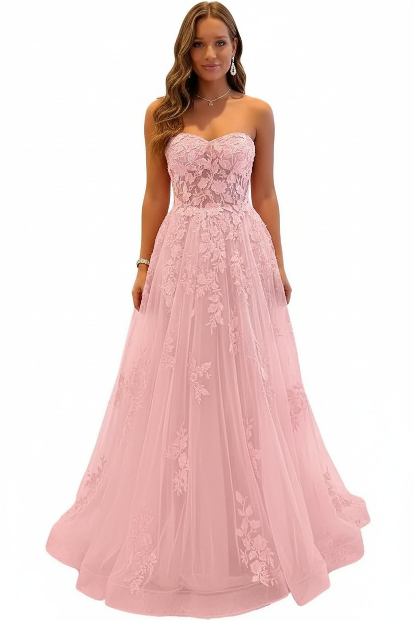 Damen Abendkleid Lang Spitze – Ballkleid A-Linie Tüll mit Schleppe