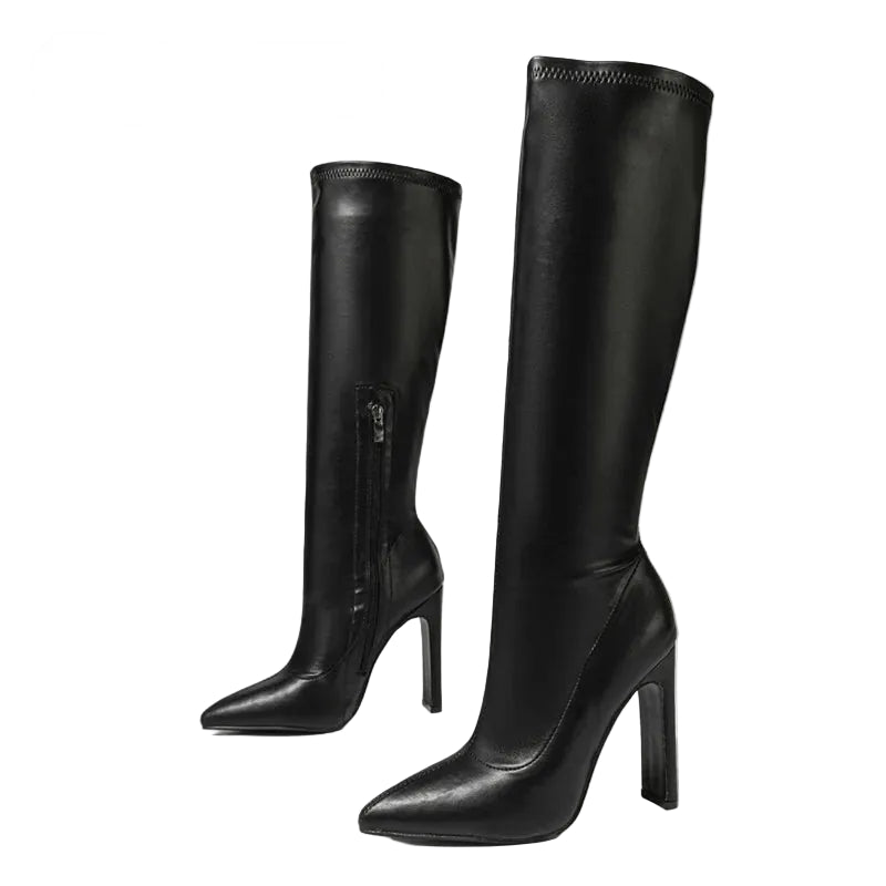Damen Kniehohe Stiefel Spitz High Heels - Elegante Langschaftstiefel mit Reißverschluss