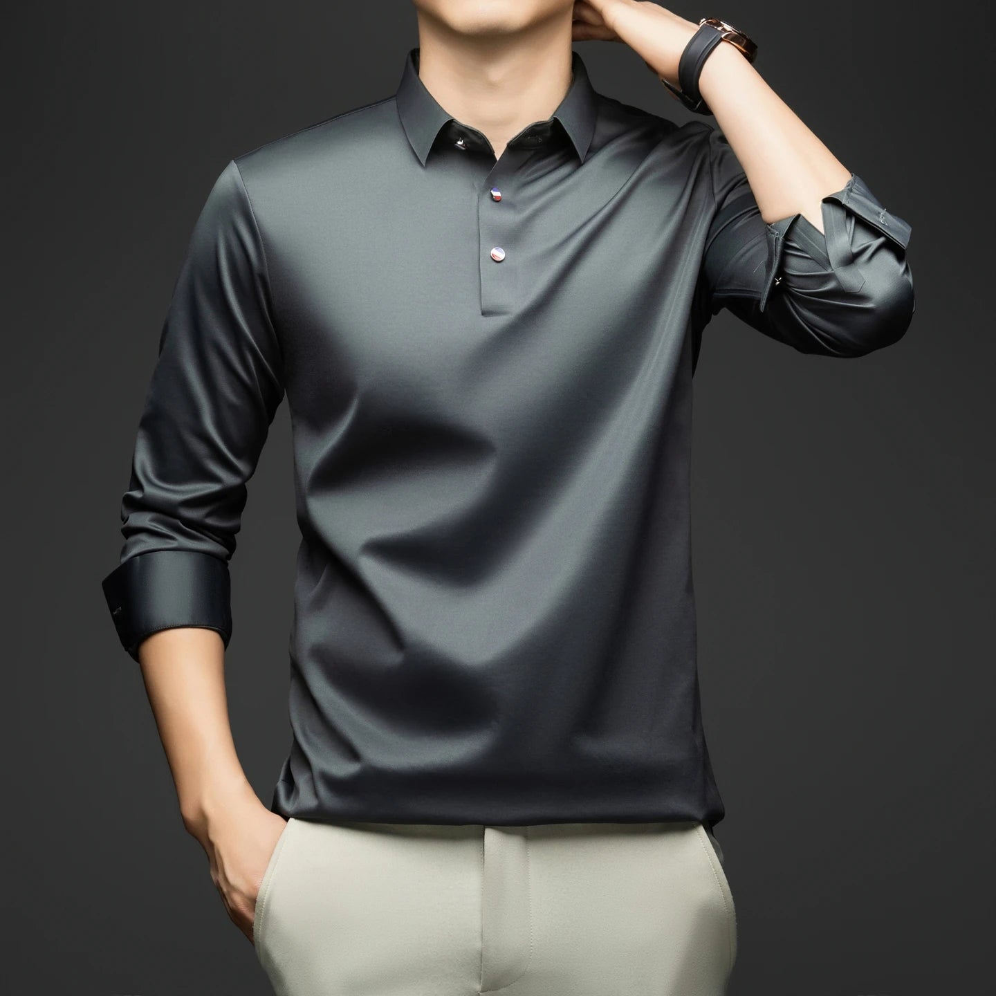 Herren Langarmshirt Business Casual – Elegantes Seiden-Shirt für Arbeit & Freizeit