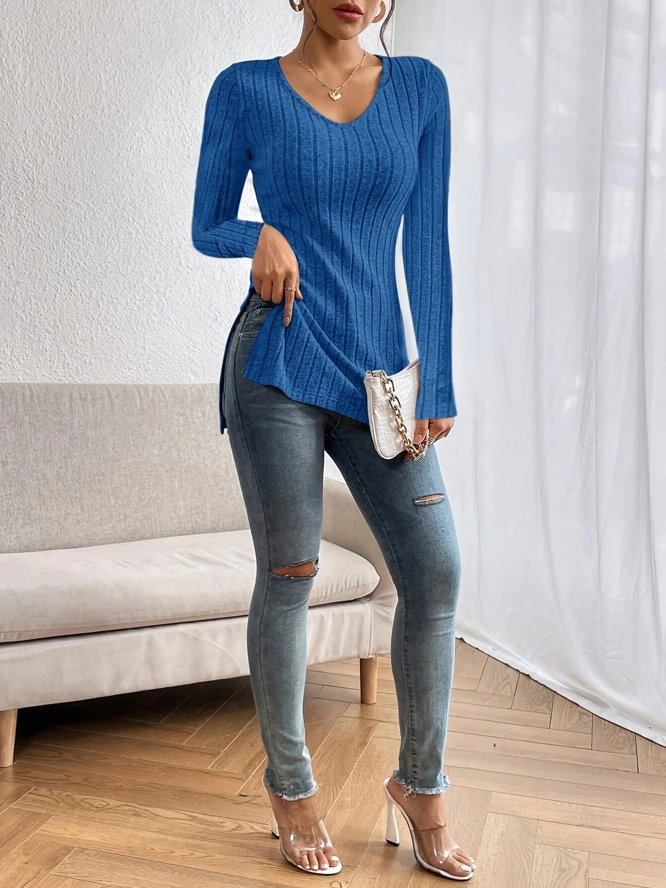 Damen Langarmshirt V-Ausschnitt – T-Shirt mit Seitenschlitzen Casual