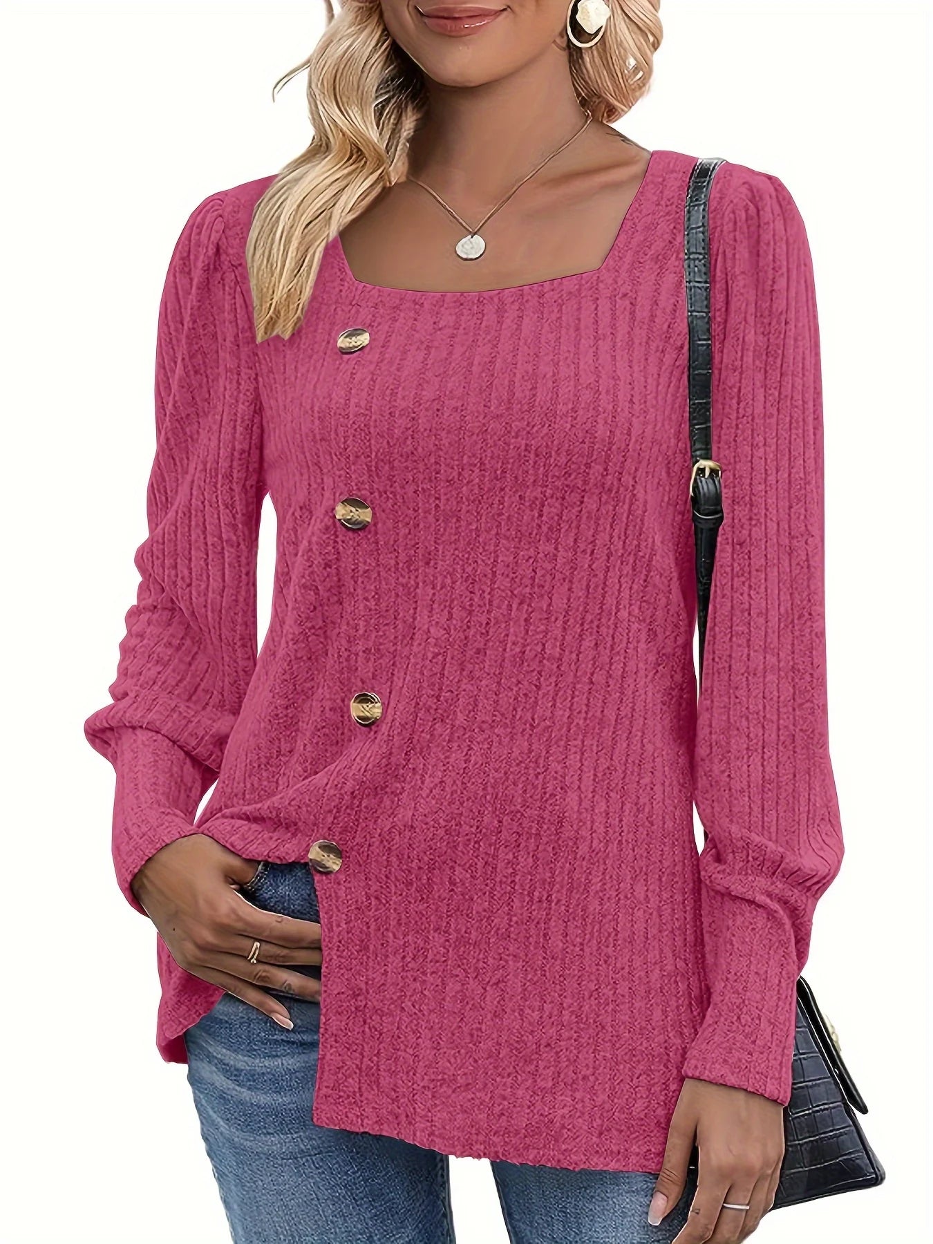 Damen Strickpullover Langarm Quadratischer Ausschnitt – Cardigan mit Knöpfen