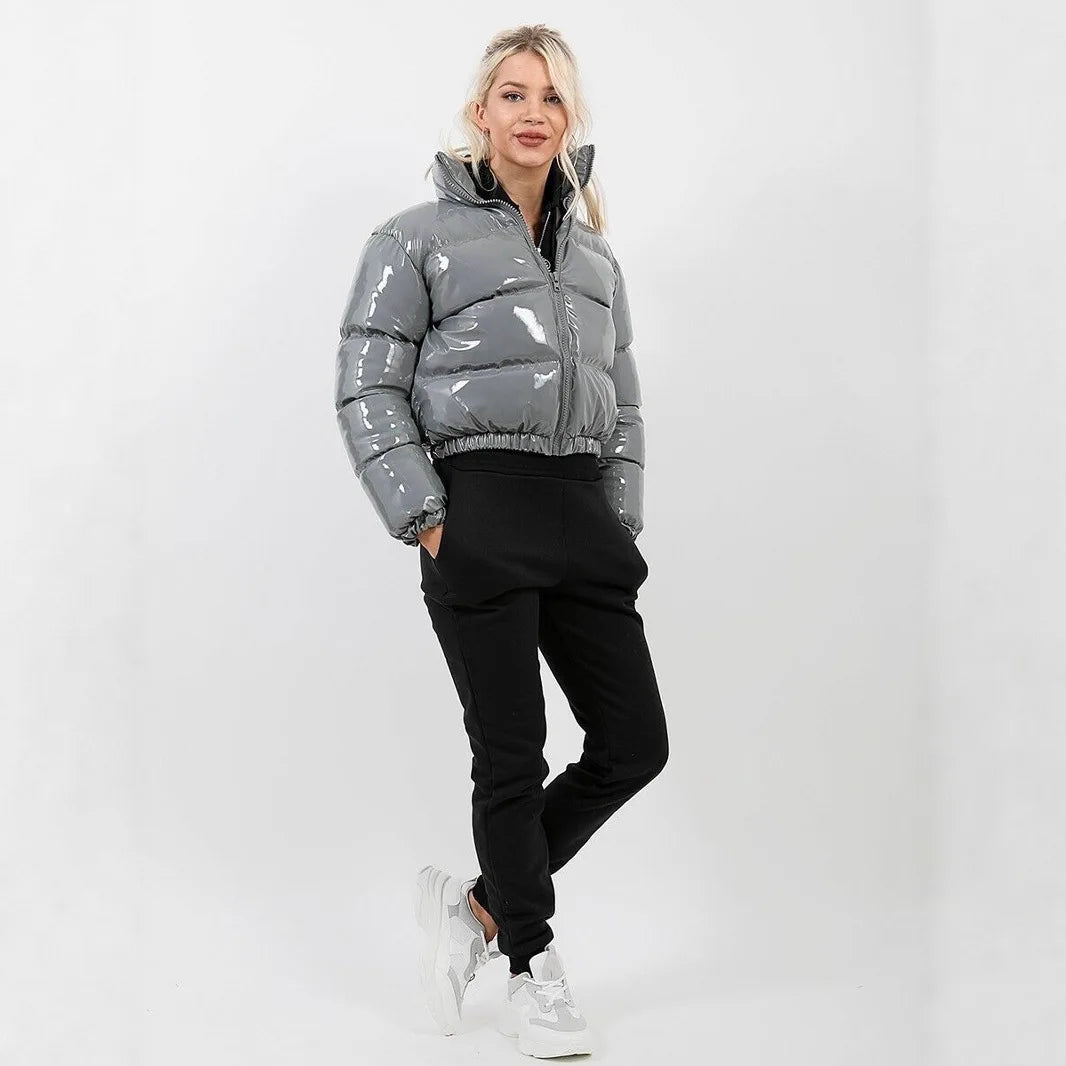 Women's Crop Puffer Jacket – Short Winter Jacket with Zipper, Cotton