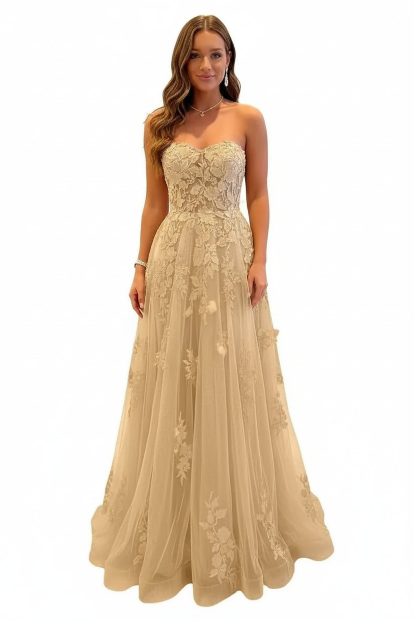 Damen Abendkleid Lang Spitze – Ballkleid A-Linie Tüll mit Schleppe