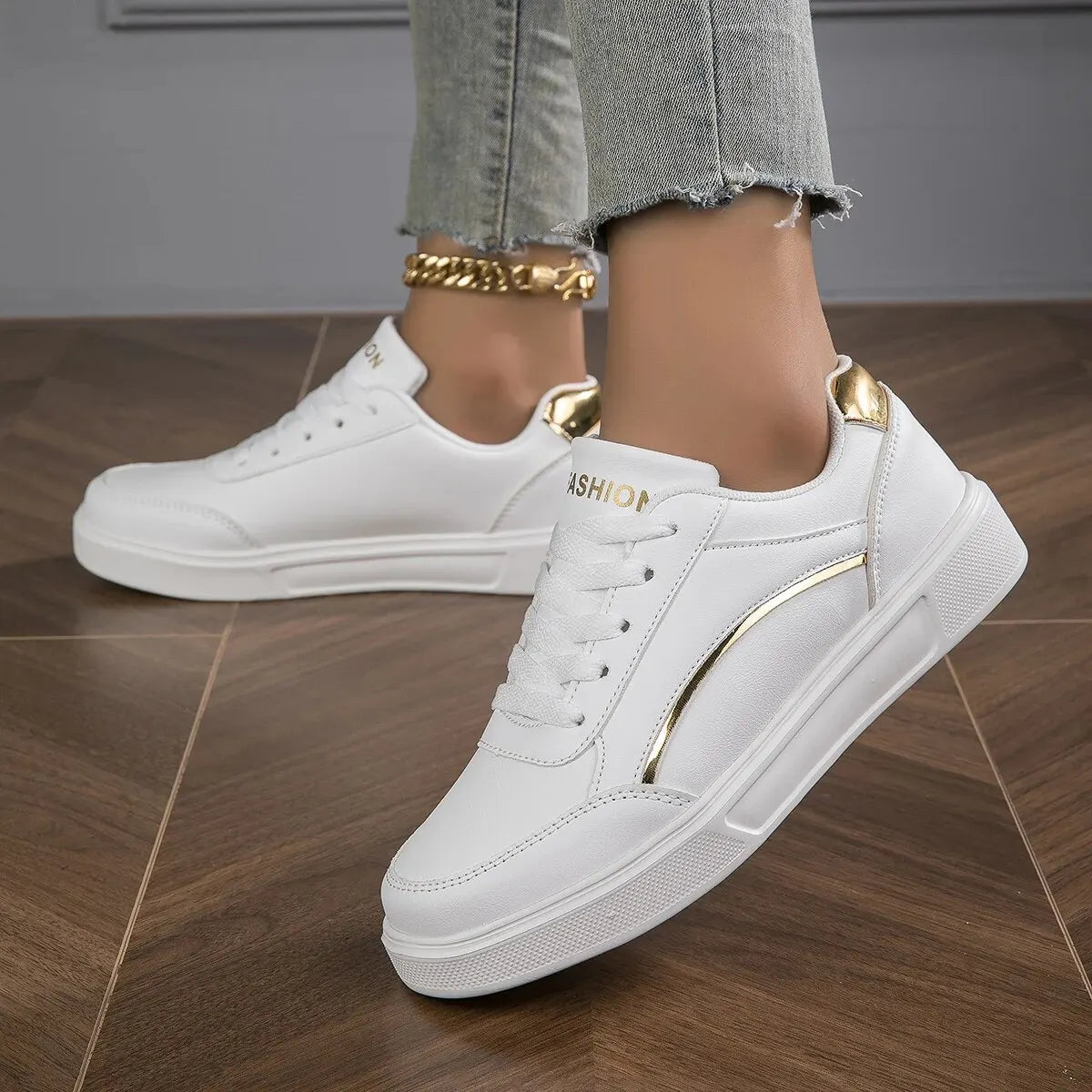Damen Plateau Sneaker Leder – Casual Skateboard Schuhe rutschfest