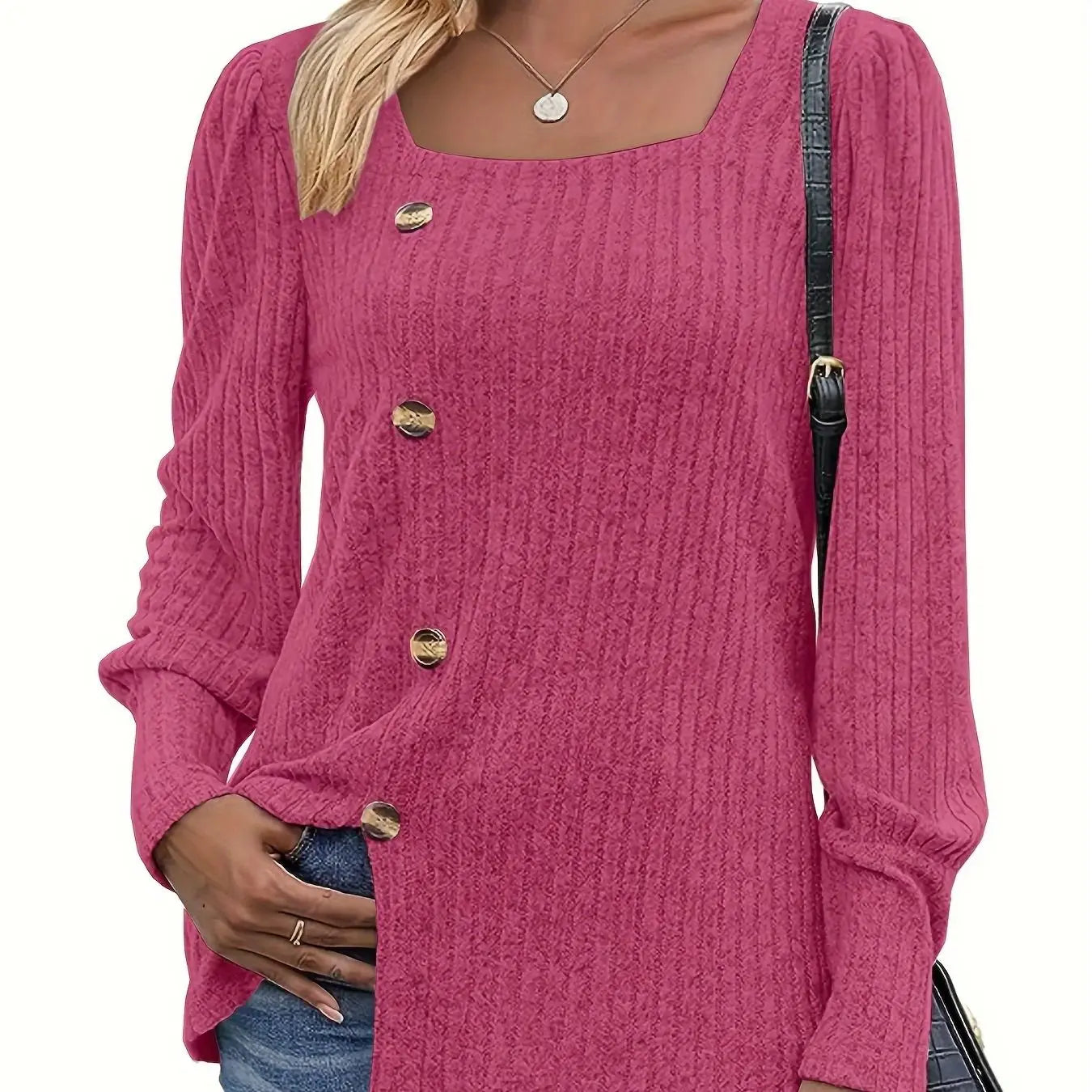 Damen Strickpullover Langarm Quadratischer Ausschnitt – Cardigan mit Knöpfen
