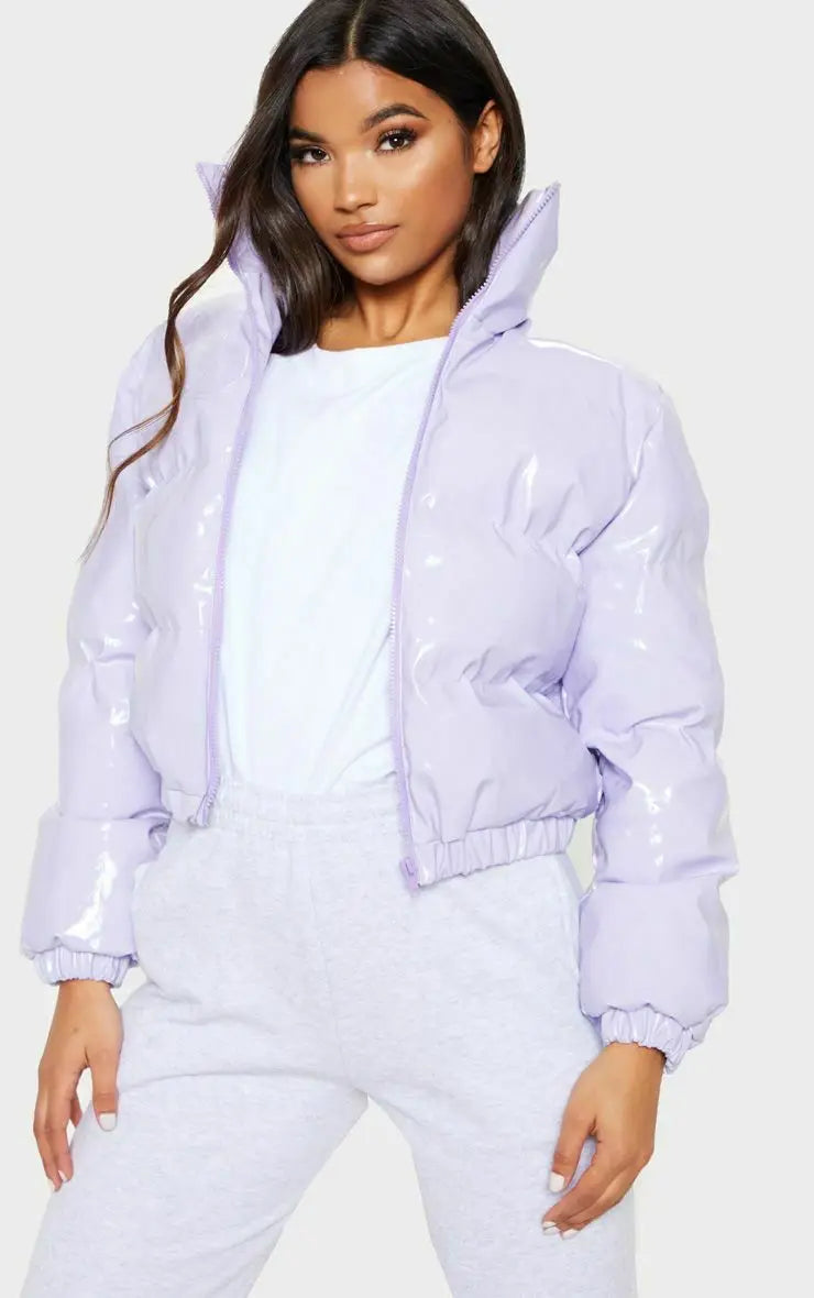 Women's Crop Puffer Jacket – Short Winter Jacket with Zipper, Cotton