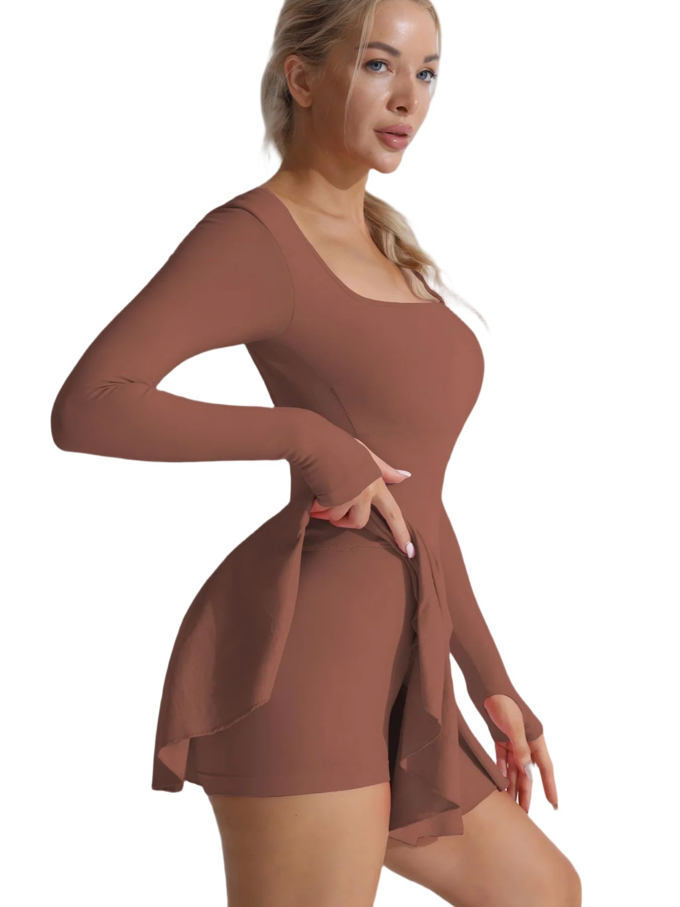 Damen Tennis Set Langarm – Sport Kleid mit Shorts Rückenfrei Sexy
