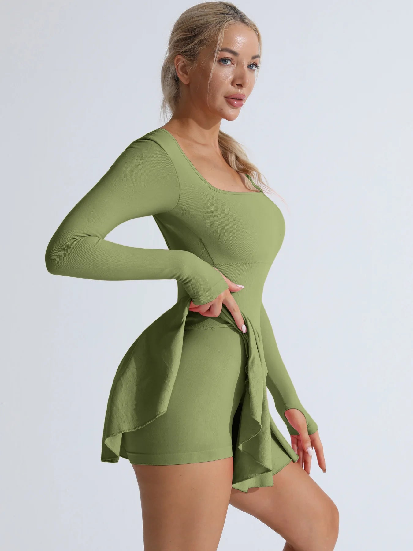 Damen Tennis Set Langarm – Sport Kleid mit Shorts Rückenfrei Sexy