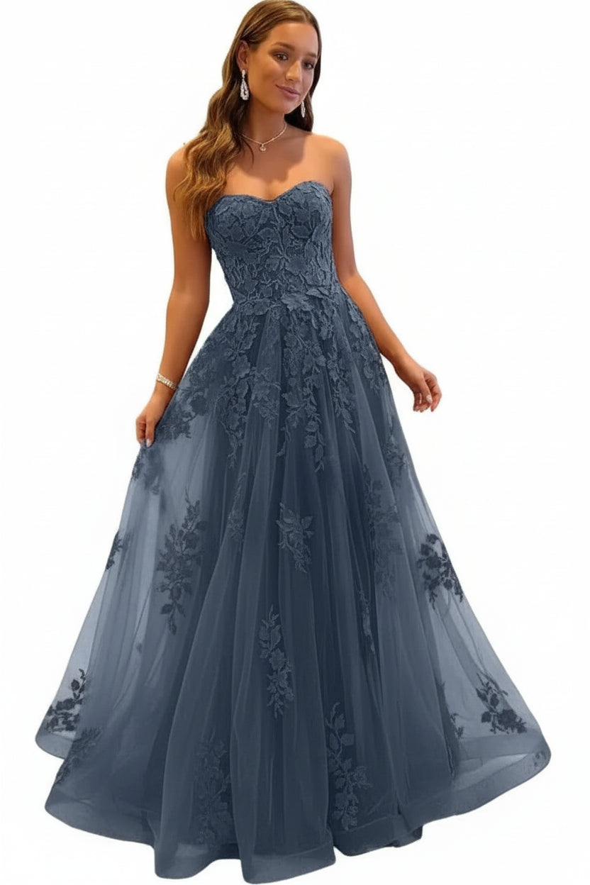 Damen Abendkleid Lang Spitze – Ballkleid A-Linie Tüll mit Schleppe