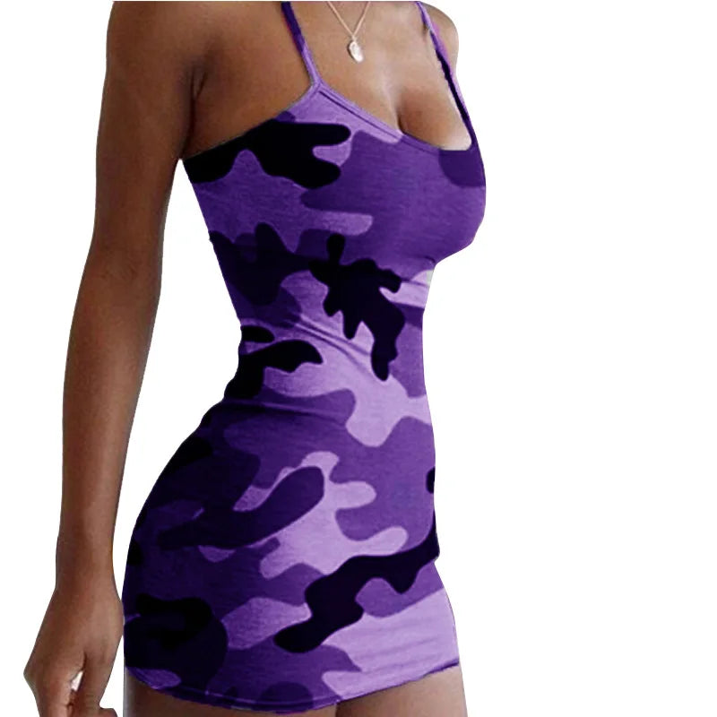 Damen Sommerkleid Mini Camouflage – Trägerkleid Ärmellos Sexy Slim Fit