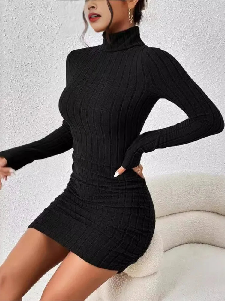 Damen Bodycon Kleid Rollkragen Langarm – Strickkleid Mini Sexy Elegant