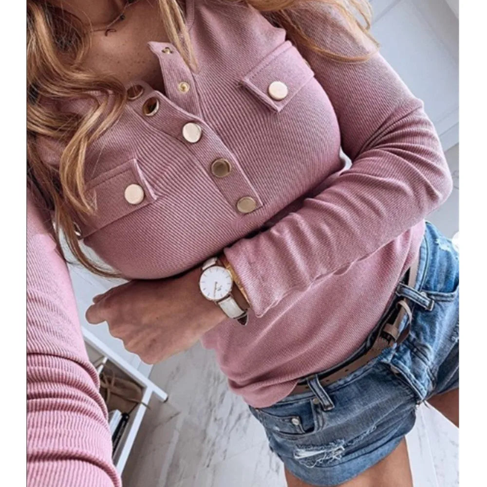 Damen Langarmshirt Strick Semi O-Neck – T-Shirt mit Knöpfen Casual